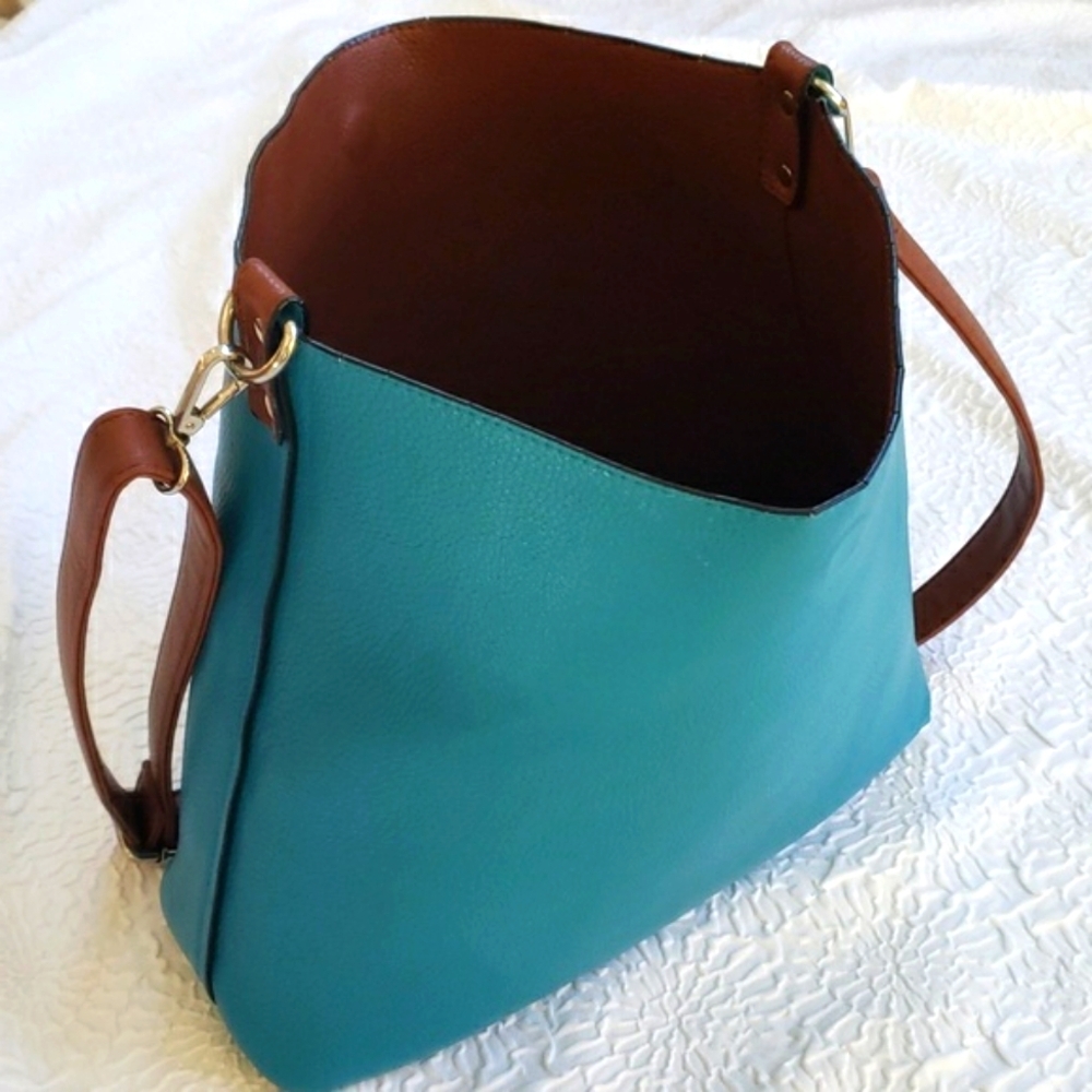 Turquoise & Brown Convertible Pebble Faux Leather Hobo Shoulder Bag, 16" x 12.5"